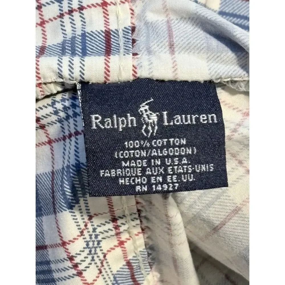 Ralph Lauren Oakley Red Blue Ivory Plaid Pair KING Pillowcases Cotton USA Exclnt